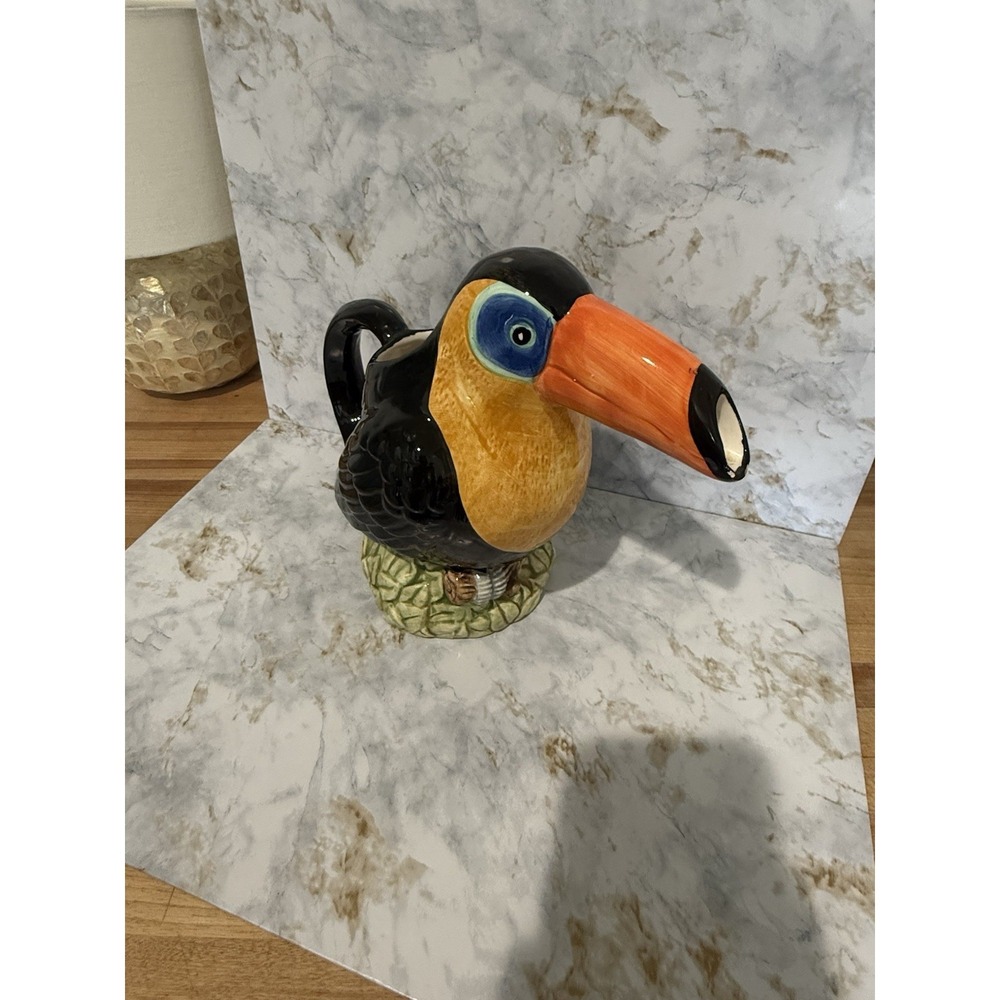 Vintage Toucan Ceramic Pitcher Jug Vase Tropical Bird 9" Hand Painted As Is